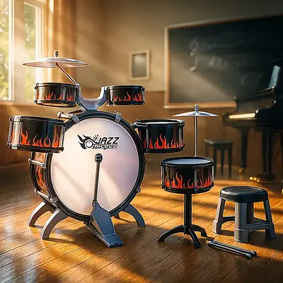 Велика ударна установка музичний набір для дітей 5 барабанів педаль 2 диски 2 палички стільчик рок іграшка