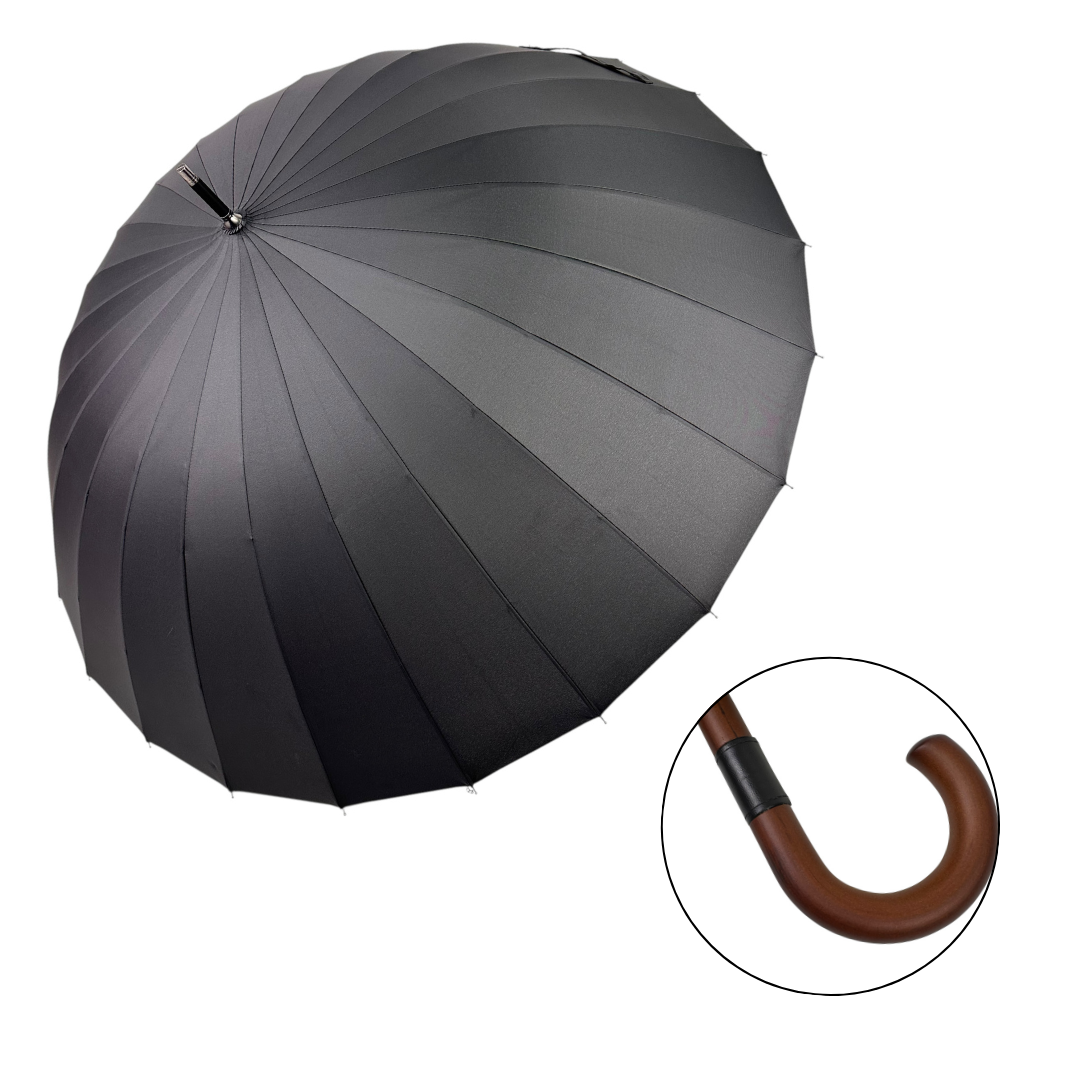 Парасоля-тростина на 24 карбонові спиці напівавтомат від Frei Regen, дерев'яна ручка гак, чорний, FR 05005-1