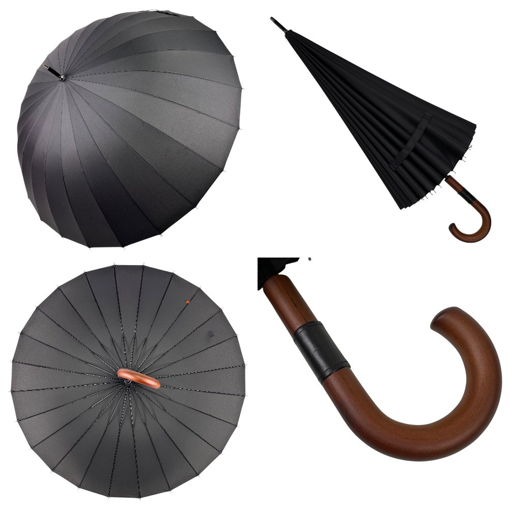 Оптом Парасоля-тростина на 24 карбонові спиці напівавтомат від Frei Regen, дерев'яна ручка гак, чорний, FR 5005