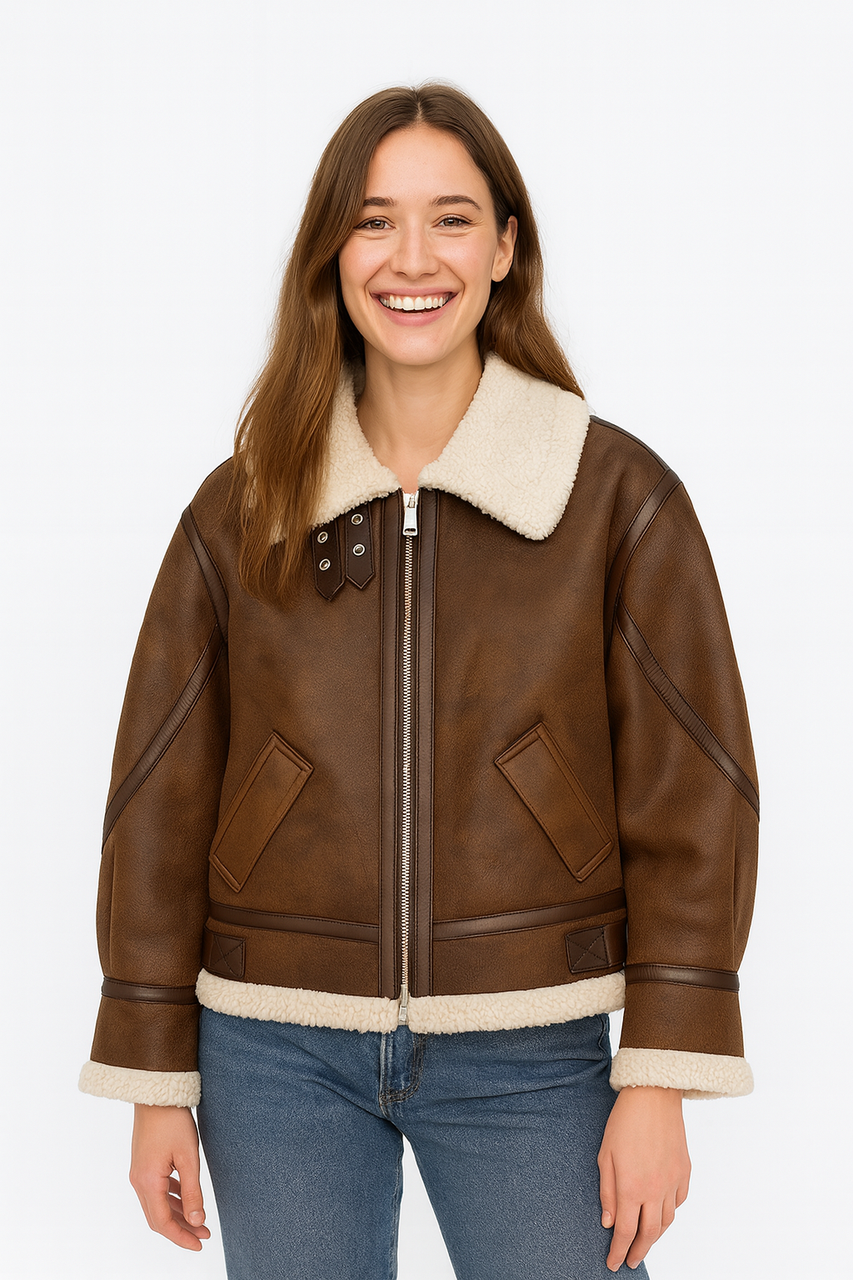 Жіноча дублянка з хутром коричнева (262-12), фото 1