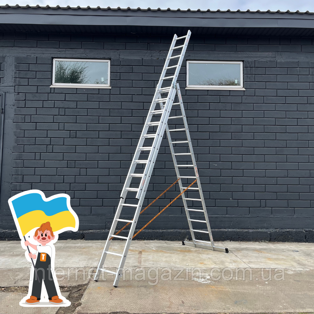Професійна драбина трисекційна 10 метрів стремянка 3 секційна 3х14 щаблів, фото 1