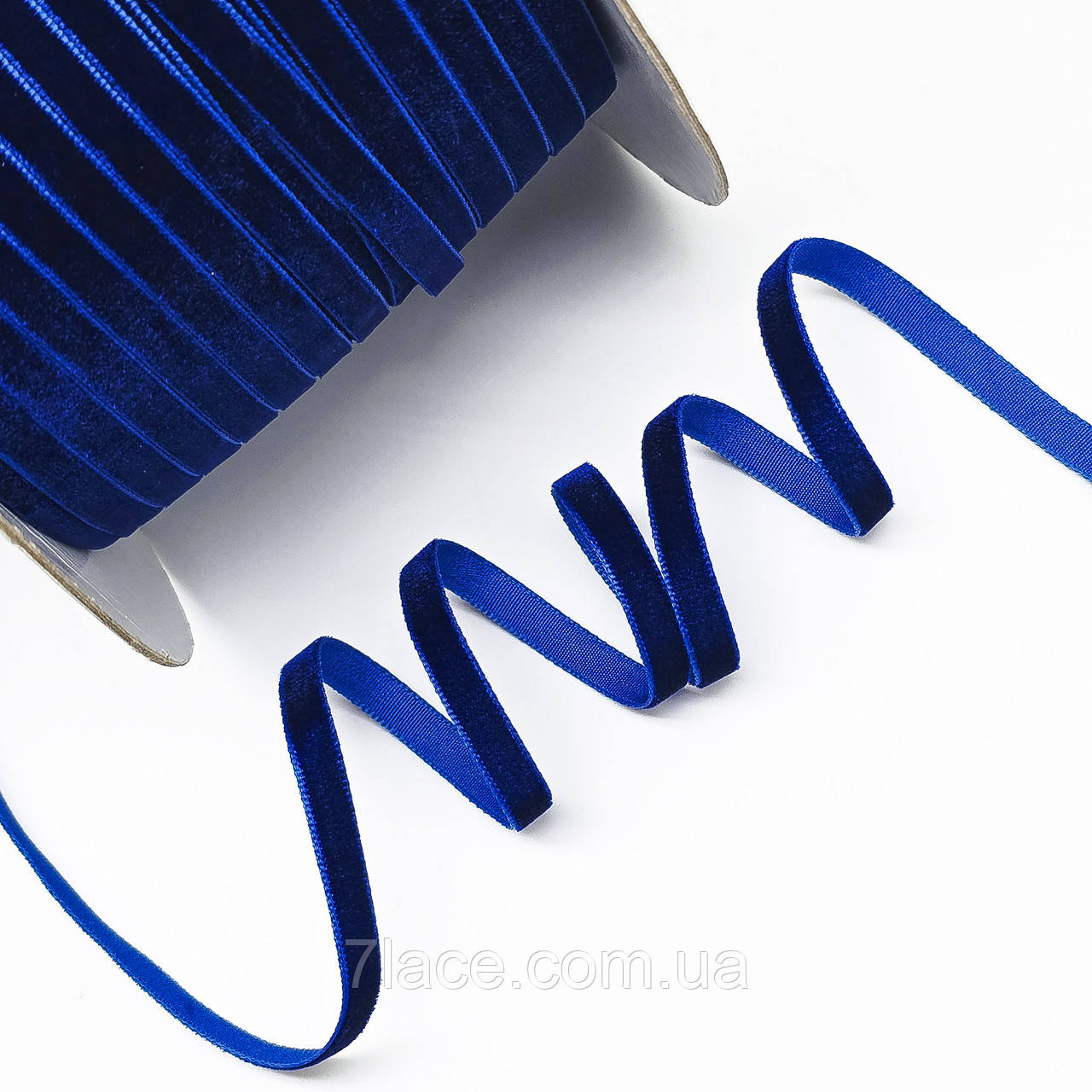 Оксамитова (велюрова) стрічка / колір сапфір / ширина 0,6 см / у бобіні 90 метрів, фото 1