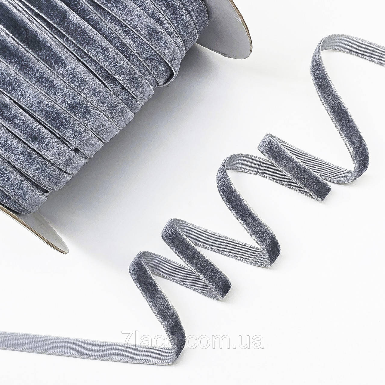 Оксамитова (велюрова) стрічка / колір сірий / ширина 0,6 см / у бобіні 90 метрів, фото 1