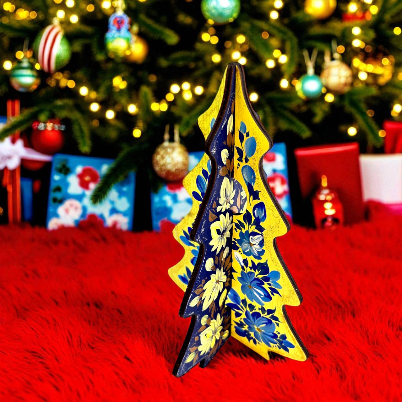 Новорічна ялинка "Квіткові візерунки" жовто-синя (18х12х0, 4 см). Дерев'яна ялинка, розписано вручну., фото 1