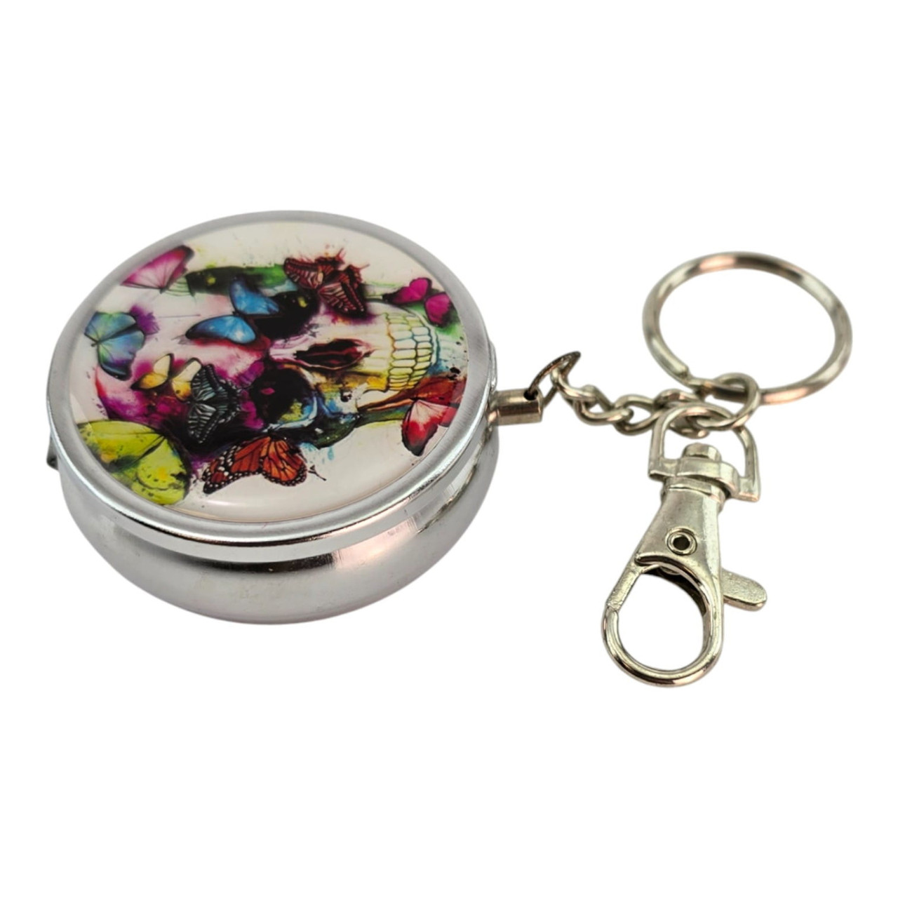Попільничка-брелок кишенькова з малюнком метал "Череп з метеликами" (d-5 h-1.7 см), фото 1