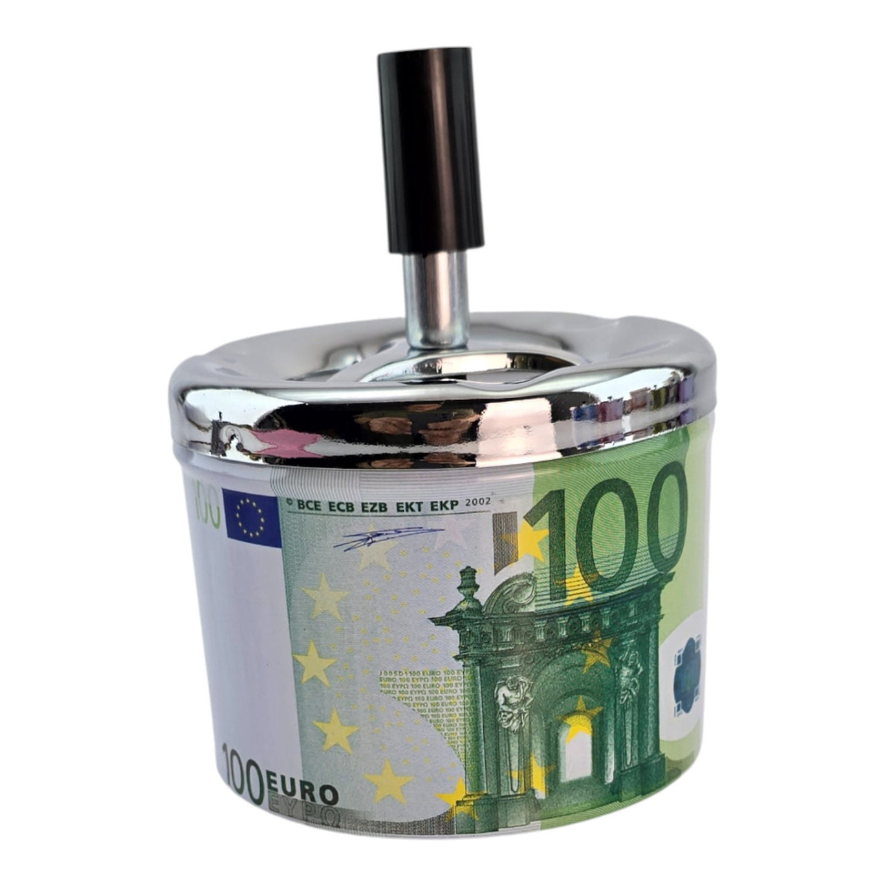 Попільничка з кришкою металева "100 Євро" (d-9.5 см h-12 см), фото 1
