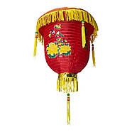 Ліхтарик китайський шовковий із символом удачі, червоний з бахромою (d-30 см), фото 4