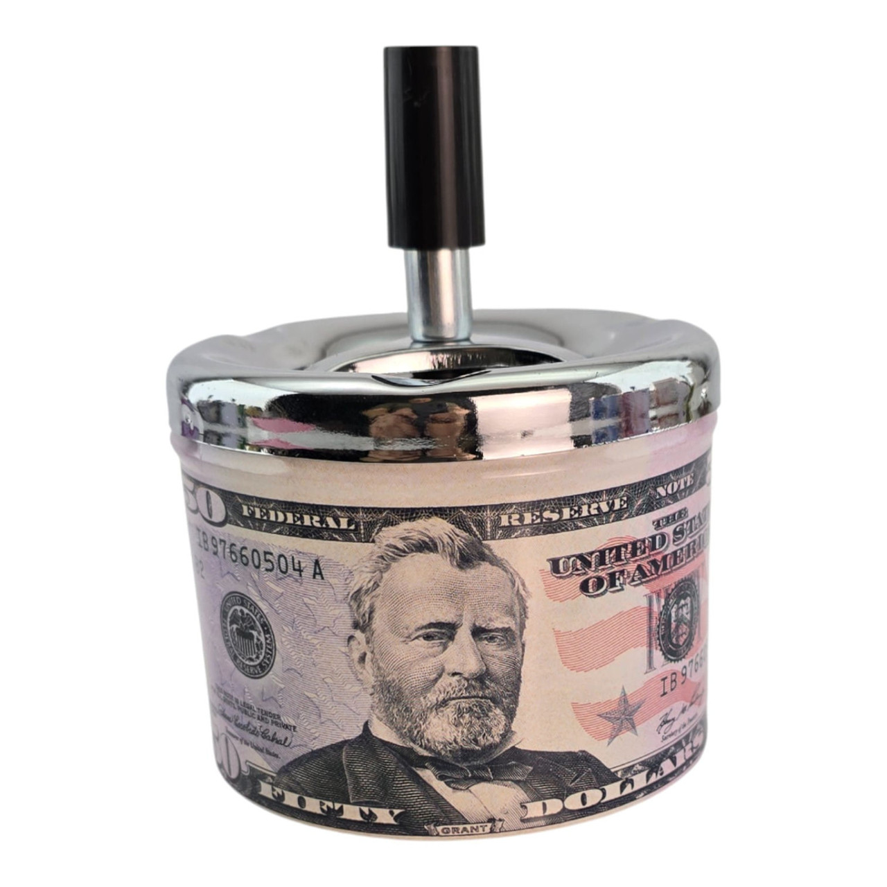 Попільничка з кришкою металева "50$" (d-9.5 см h-12 см), фото 1