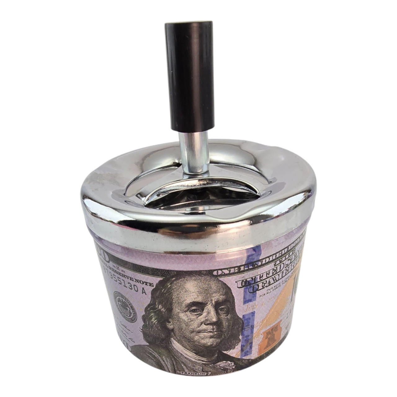 Попільничка з кришкою металева "100$" (d-9.5 см h-12 см), фото 1
