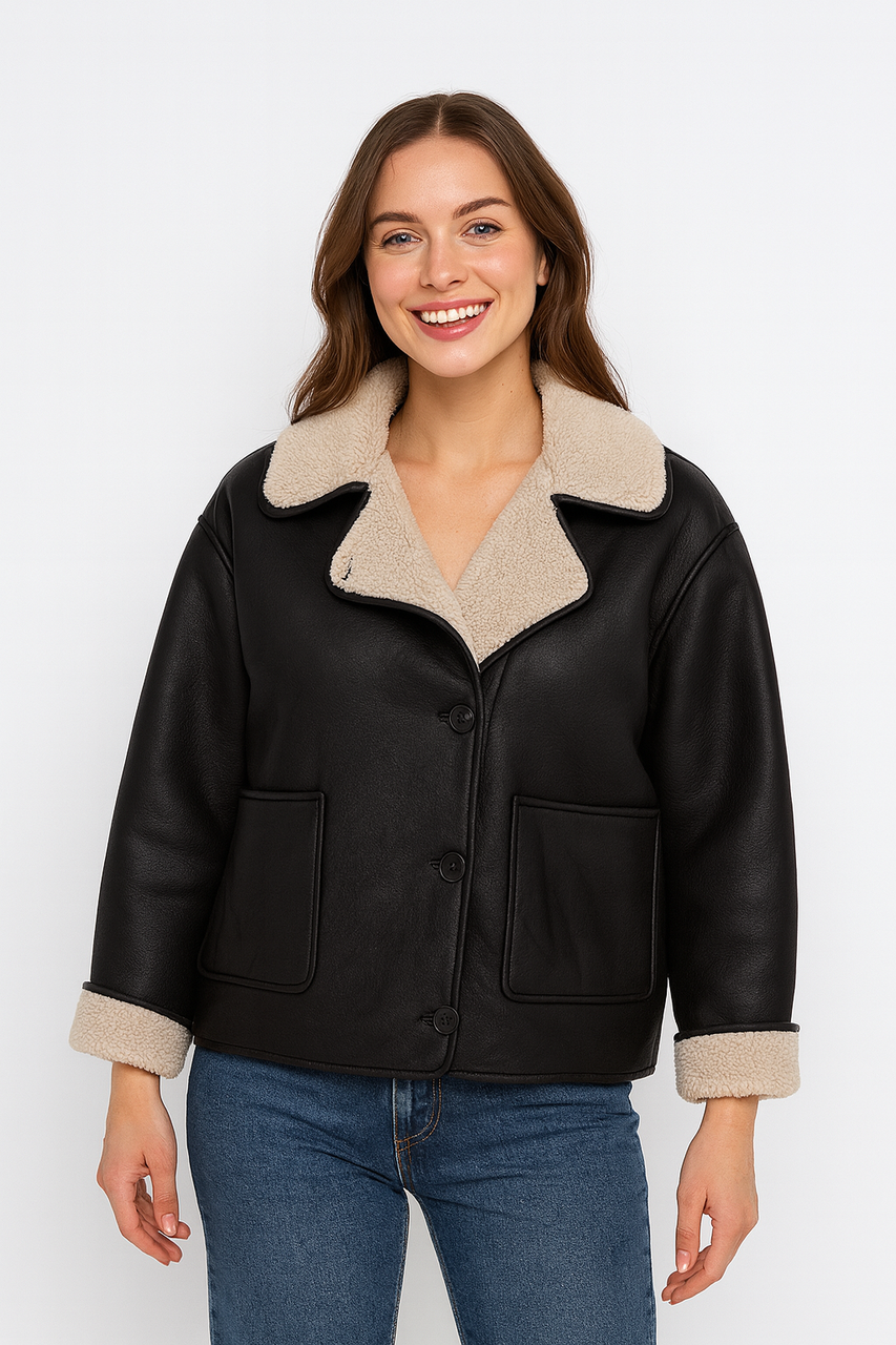 Жіноча чорна шкіряна дублянка з хутром чорна (769-3), фото 1