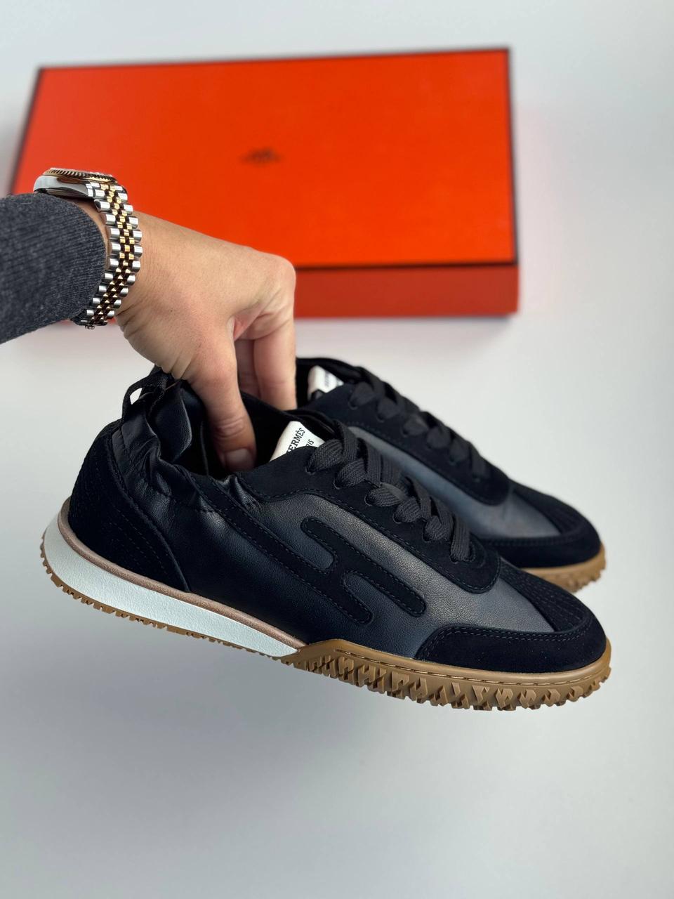 Жіночі чорні шкіряні кросівки Hermes Jet кеди Ермес