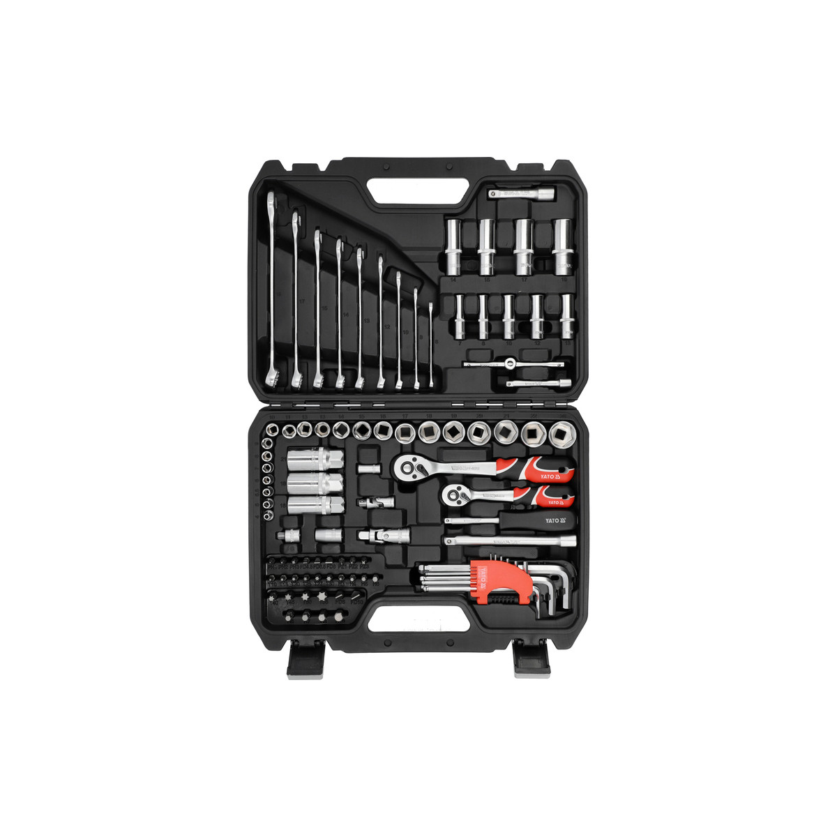 Набір торцевих та викруткових насадок і комбінованих ключів квадрат 1/4"/ 3/8" з аксесуарами 92 шт. Yato YT-38785, фото 1