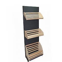 Стелаж хлібний пристінний 2350*600 мм ТИП 2, приставний торговий хлібний стелаж з дерев' яними кошиками, металевий стелаж