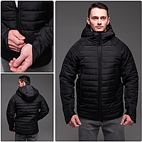 Чоловіча зимова куртка коротка чорна з капюшоном на синтепоні стьобана тепла матова