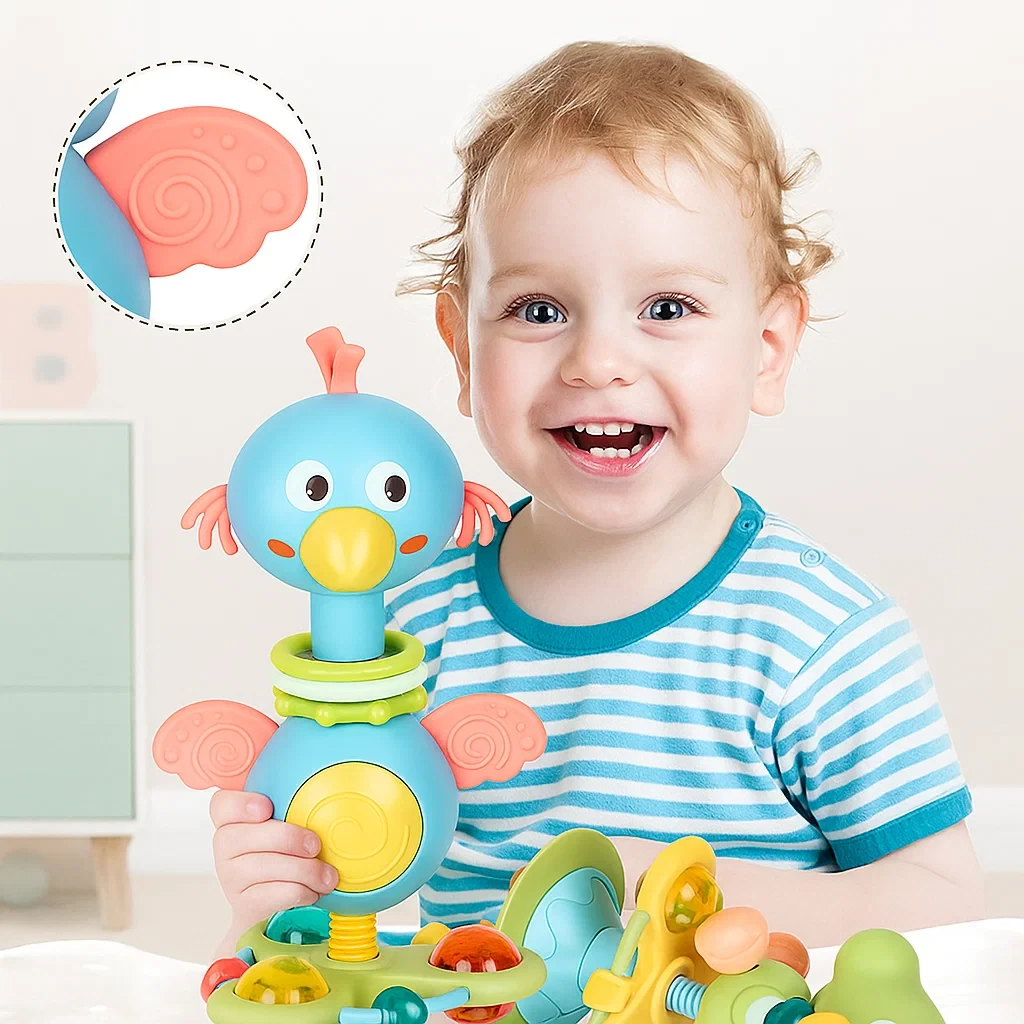 Яскрава пташка брязкальце спінер з присоскою іграшка розвиваюча дитині для сенсорного розвитку Прорізувач мелодії, фото 1