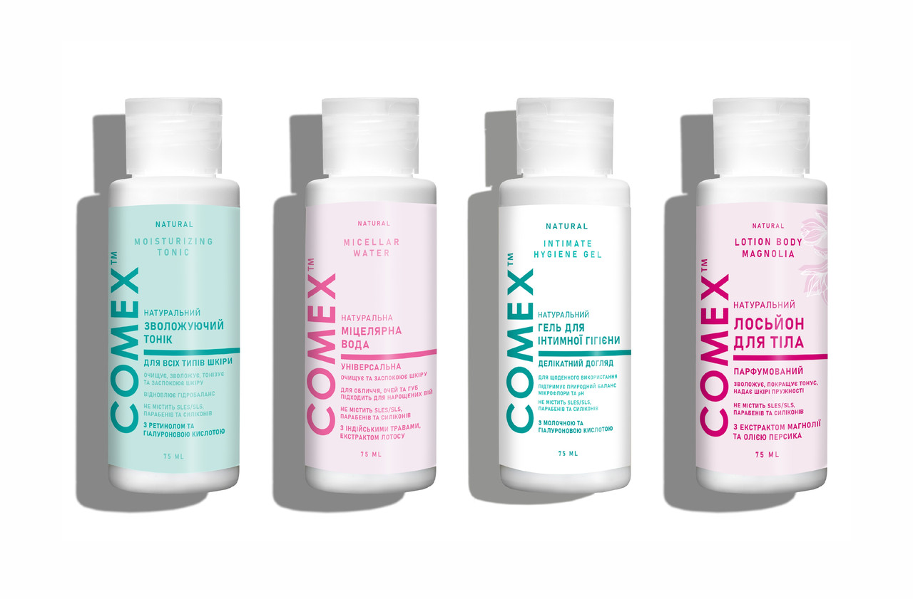 Тревел набір для подорожей натуральний (міцелярна вода, тонік, лосьйон для тіла, гель для інтимної гігієни) ТМ Comex