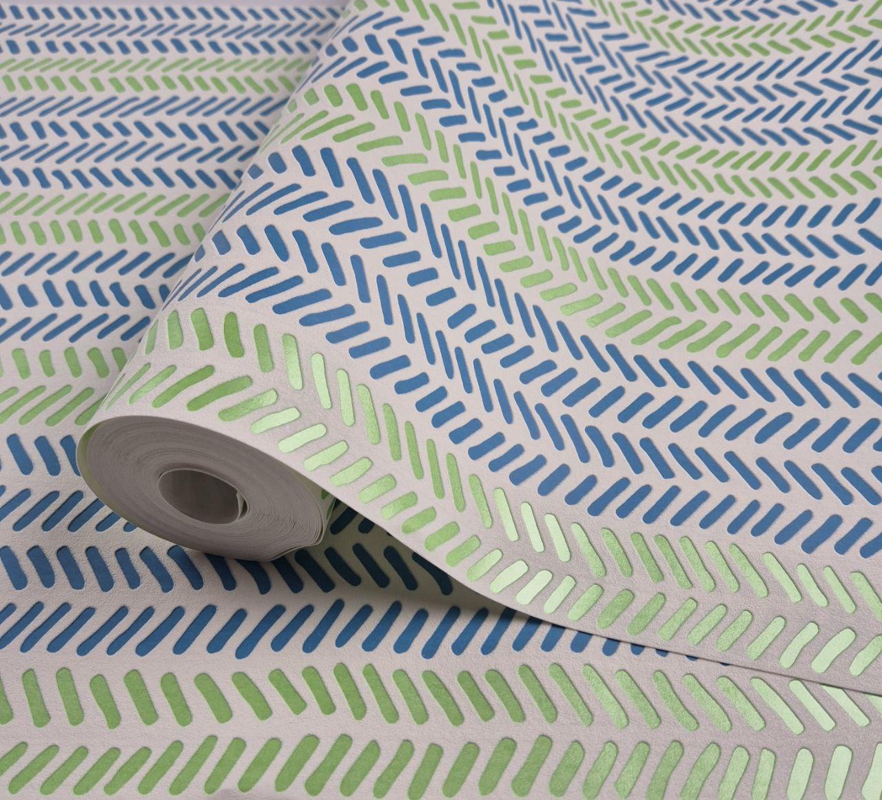 Шпалери вініл на флізеліні 0.53 × 10.05 м Marburg 57150, молочні з блакитно-салатовим малюнком для спальні, вітальні, коридору, фото 1