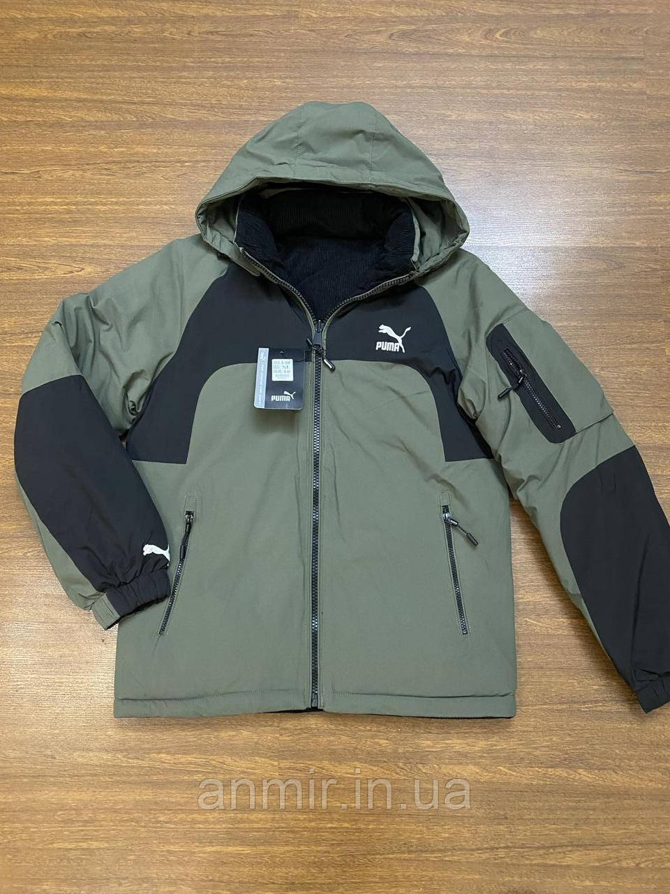 Куртка зимова чоловіча двоколірна з капюшоном PUMA норма 48-56, колір олива