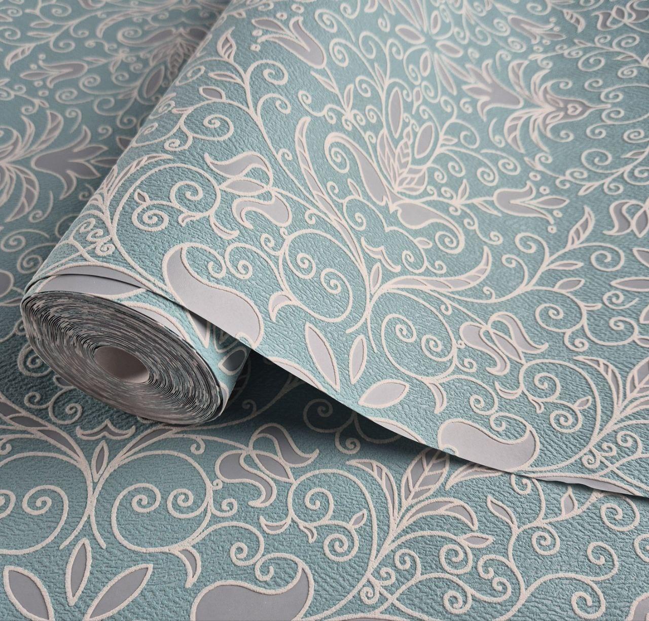 Шпалери вініл на флізеліні 0.53 × 10.05 м Marburg 57115, бірюзово-сірі для спальні, вітальні, коридору, фото 1