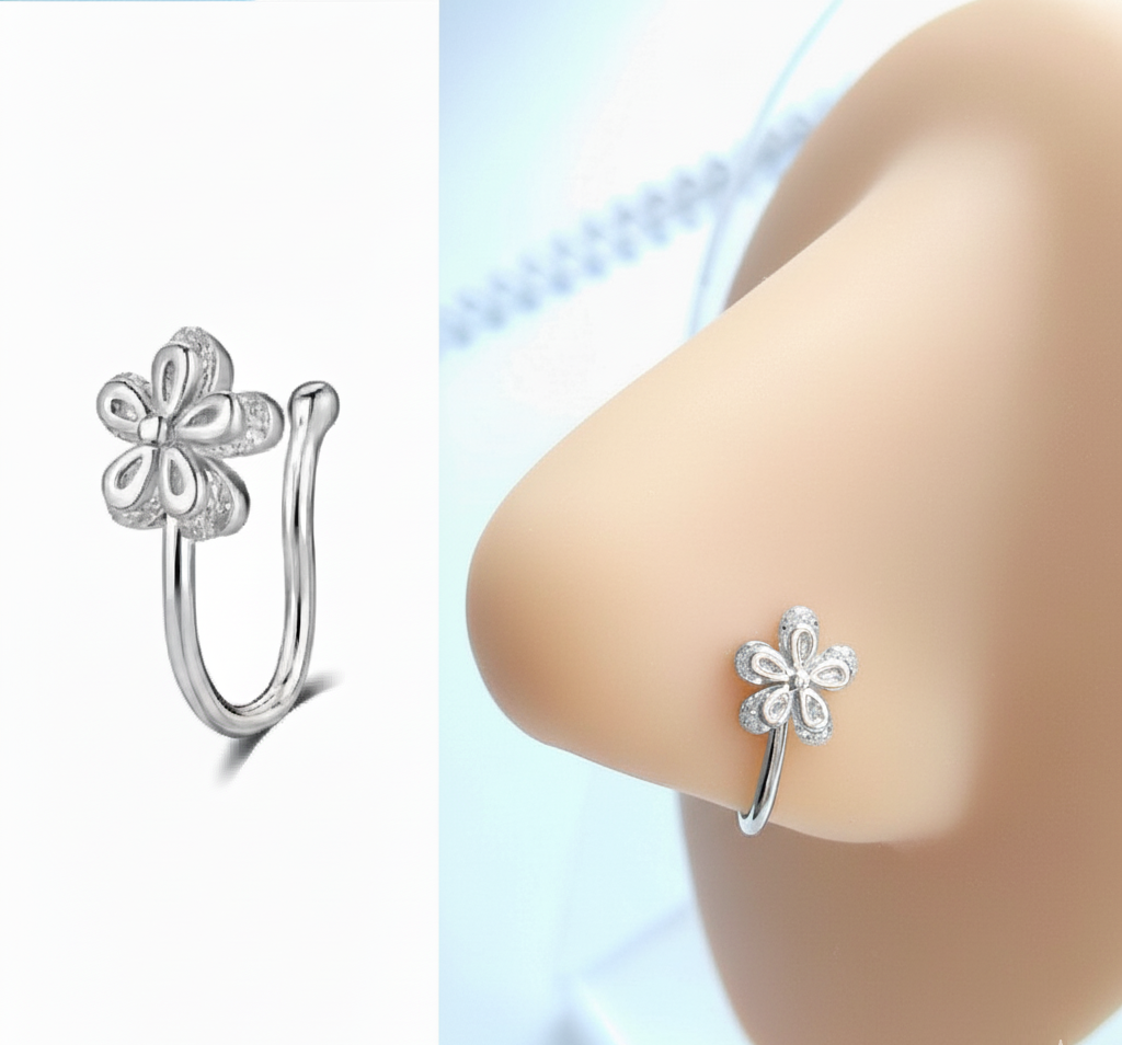 Сережка-обманка на ніс "Квітка з Камінцями" | Без проколу | Пірсинг обманка срібного кольору