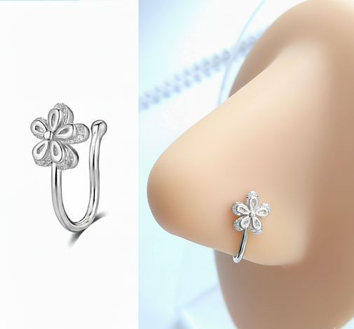 Сережка-обманка на ніс "Квітка з Камінцями" | Без проколу | Пірсинг обманка срібного кольору, фото 1