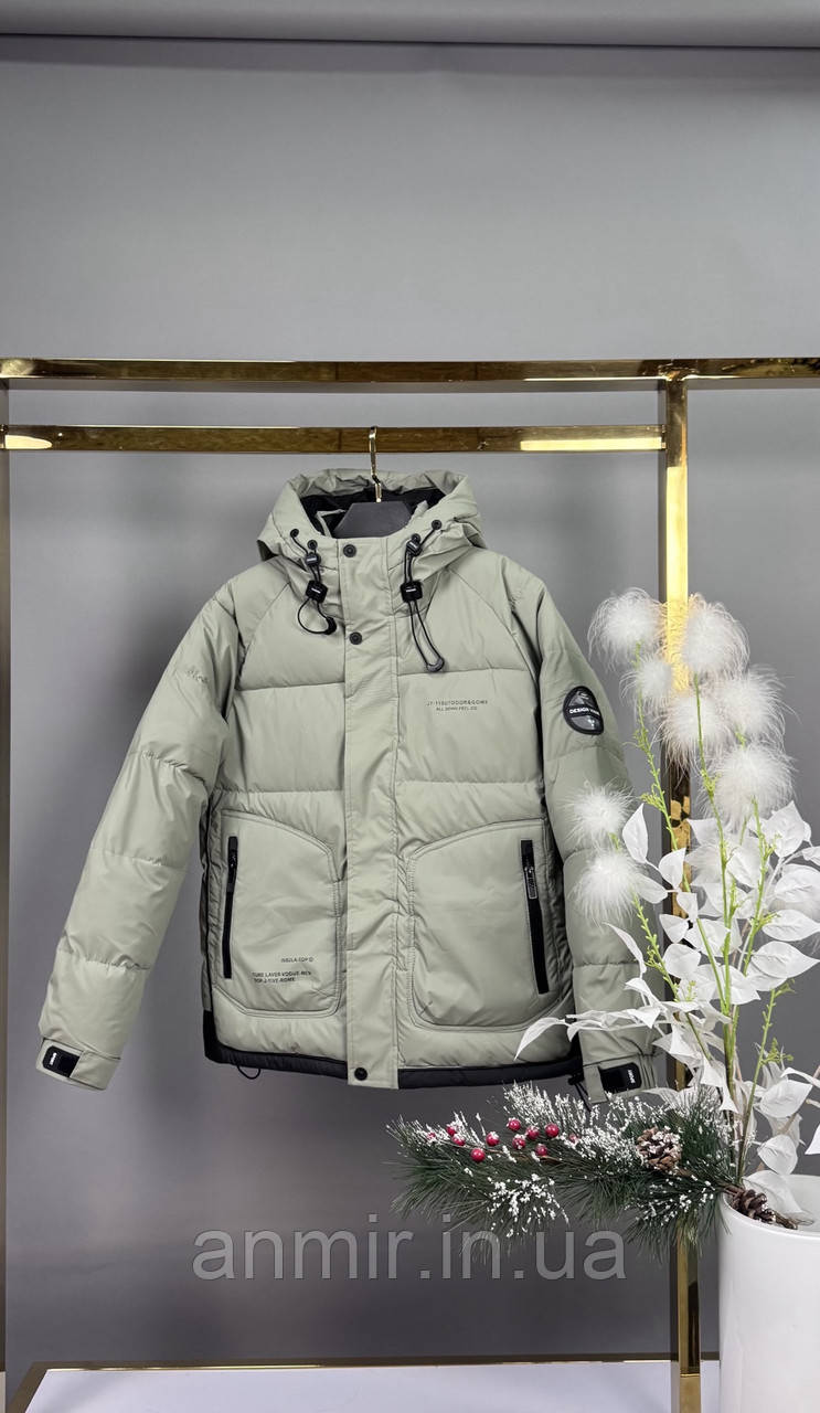 Куртка зимова юніор оверсайз на утяжках для хлопчика 12-15 років, оливка з чорним, фото 1