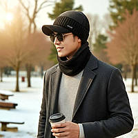 Комплект Шапка кепка зі снудом чоловічий в'язаний набір вовняний, шапка вушанка для чоловіків One Size Чорний