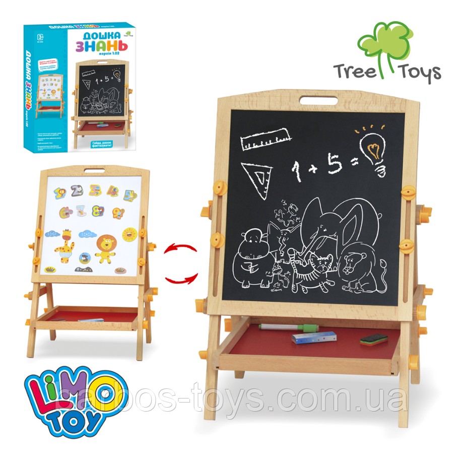 Дерев'яна іграшка мольберт MD 2382 двостороння дошка для малювання магнітна та на крейду маркер губка