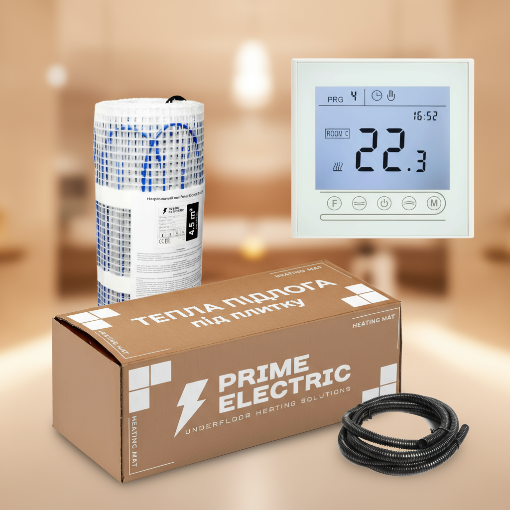 3,5 м² Комплект теплої підлоги Prime Electric PM-175 нагрівальний мат з програмованим WIFI терморегулятором білим, фото 1