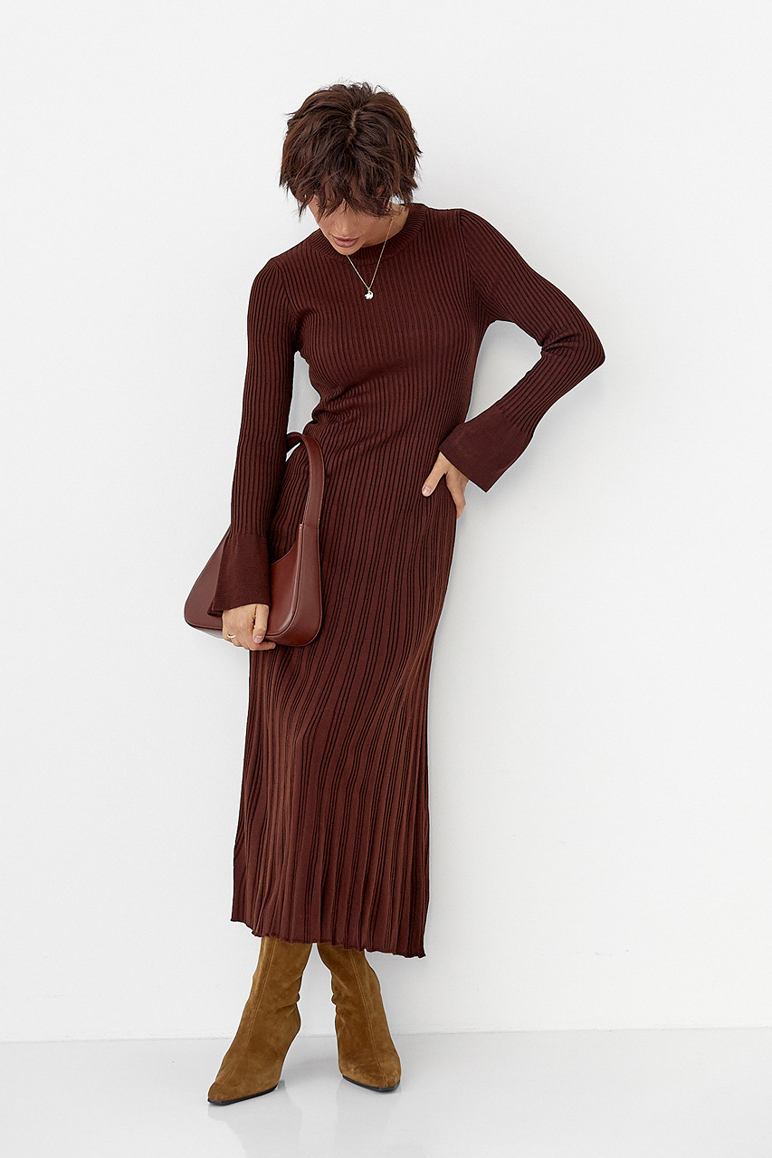 Однотонне плаття максі в рубчик — коричневий колір, ONE SIZE (є розміри), фото 1