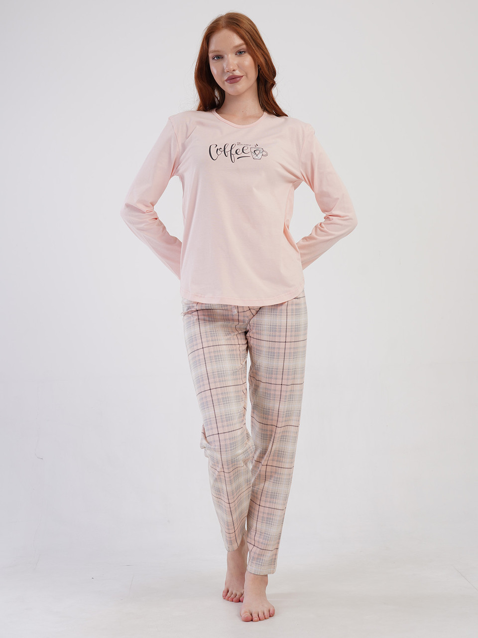 Бавовняна жіноча піжама лонгслів+штани Vienetta персикова, фото 1