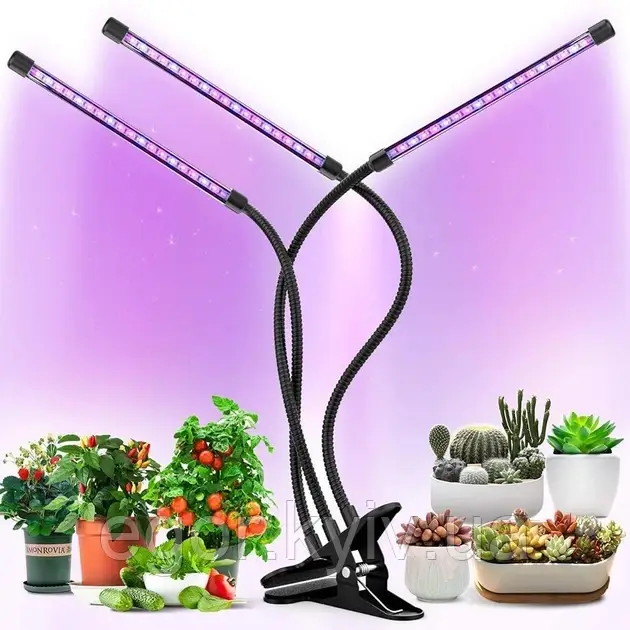 Ультрафіолетова лампа для рослин j22wl-03 LED LIGHT Повний спектр 3 голови LED, фото 1