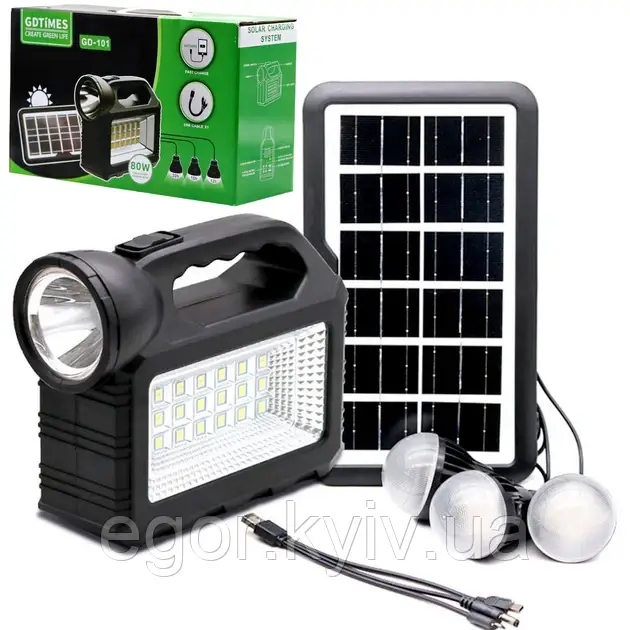 Ліхтар GD-101 PowerBank, із сонячною зарядкою + лампочки 3 шт., фото 1