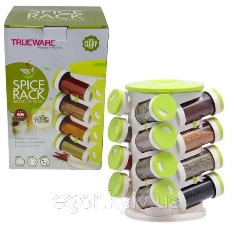 Органайзер ПЛАСТІК для спецій кухонний обертовий Spice Rack 16 в 1 Стійка для спецій карусель, фото 1