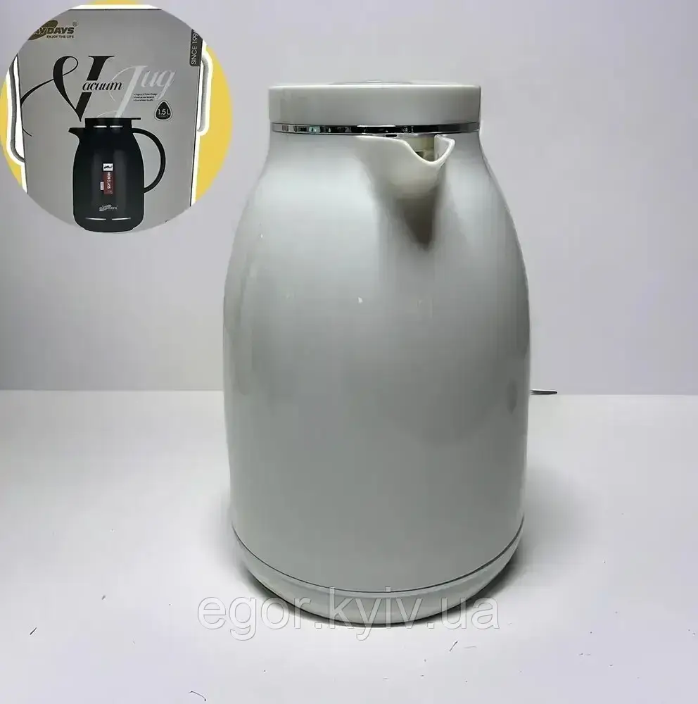 Термос-глечик 1.5 л пластиковий корпус зі скляною колбою 29150 Сірий, фото 1