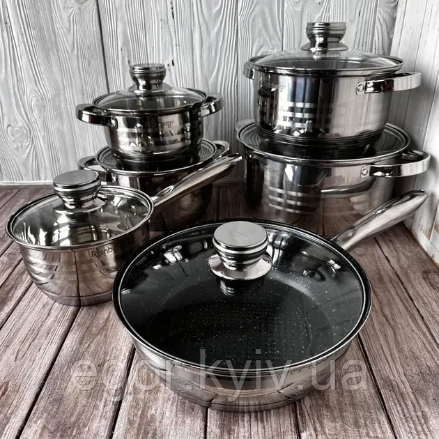 Набір каструль Rainberg RB-601 12 предметів і сковорода з неіржавкої сталі, фото 1