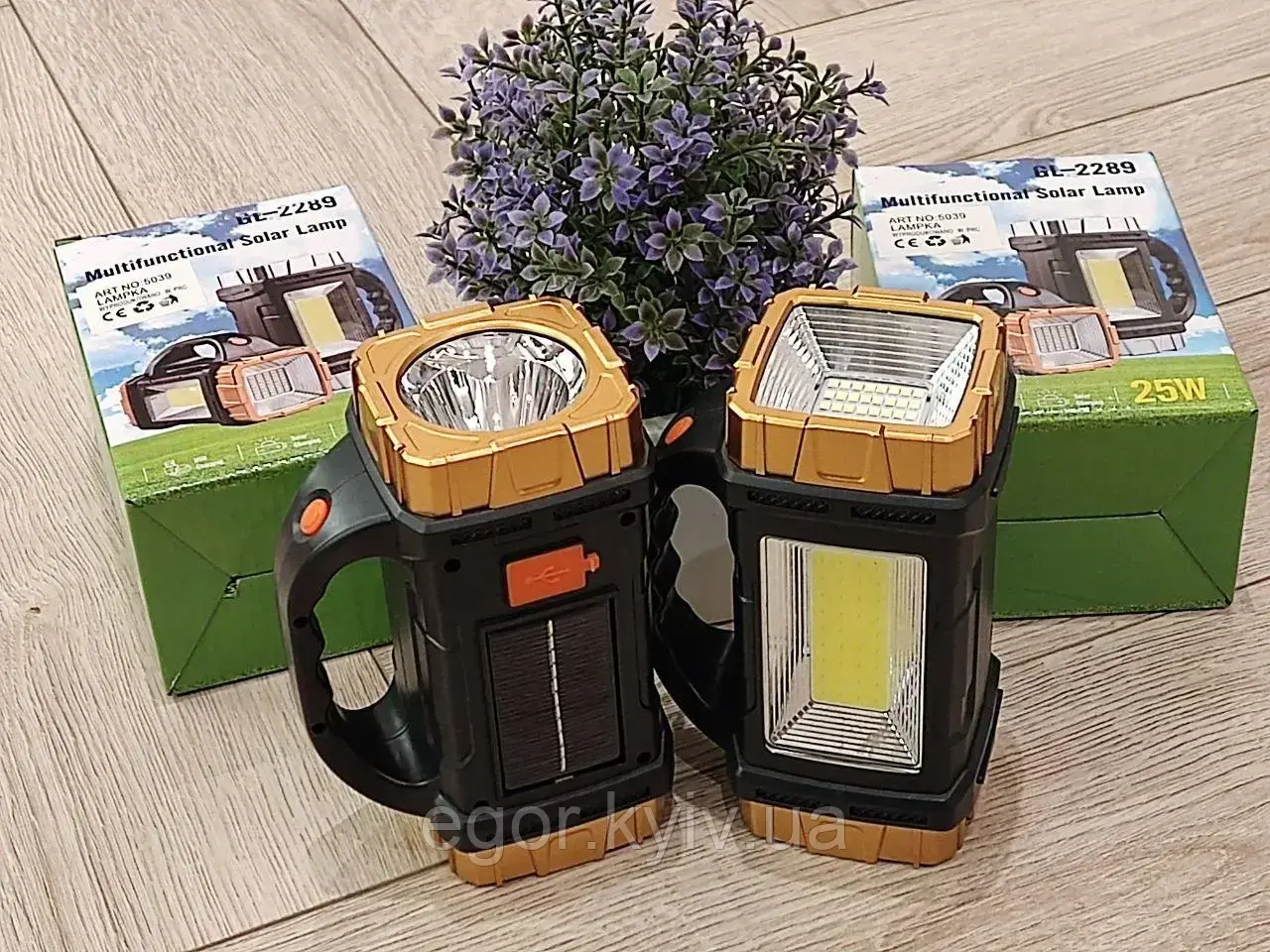 Ручний акумуляторний ліхтар на сонячній батареї GL-2289 25 W із сонячною панеллю USB зарядкою-повербанком, фото 1