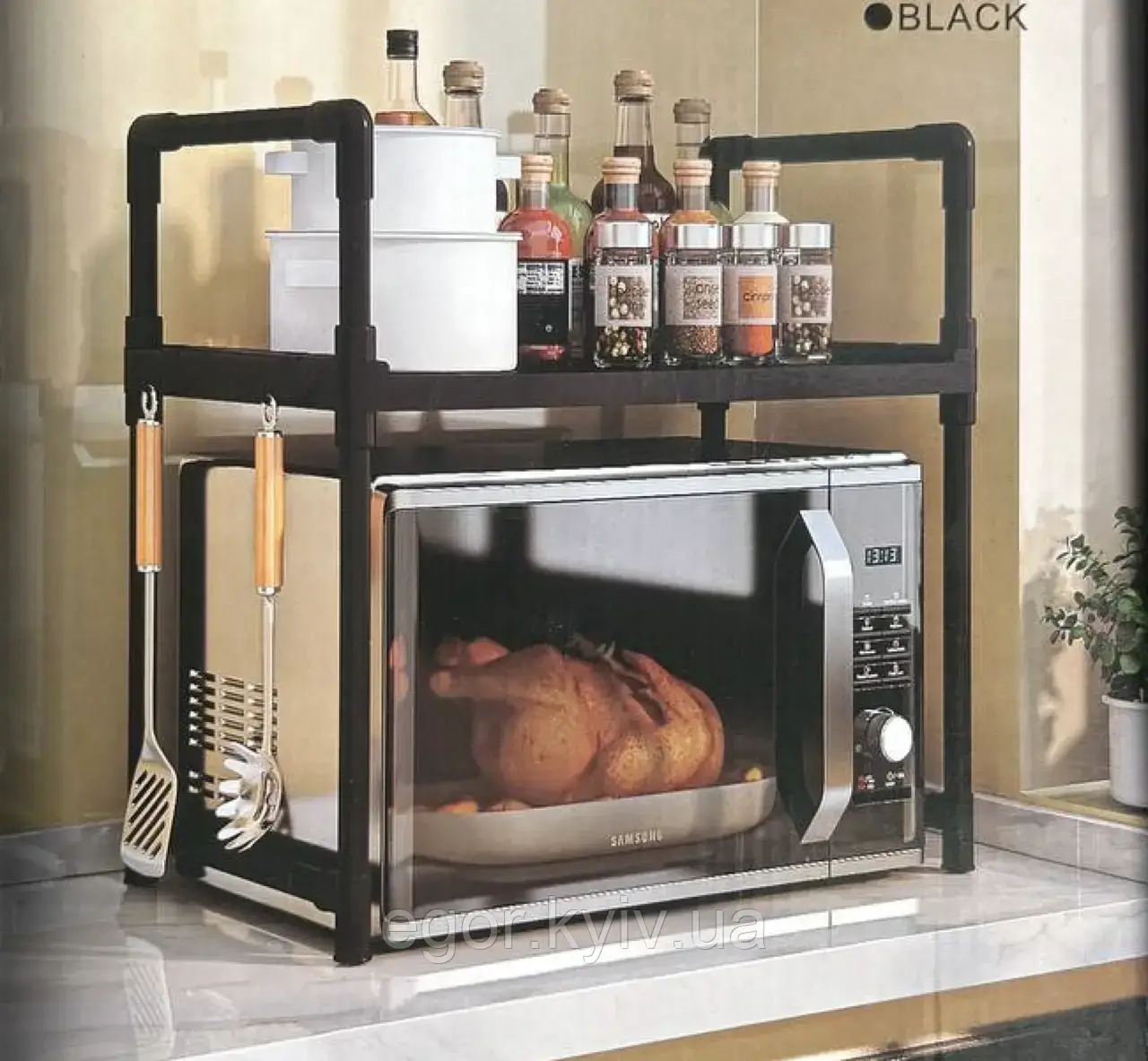 Полиця-стелаж для кухонного начиння з гачками YH-6616-2 Універсальна полиця для кухні 48х26х49 см, фото 1