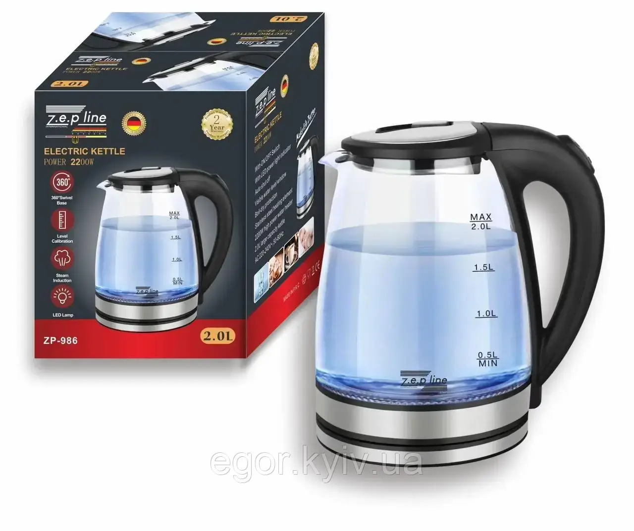 Скляний електрочайник з підсвіткою Zepline ZP-986 (2 л) (2 200 Вт), фото 1