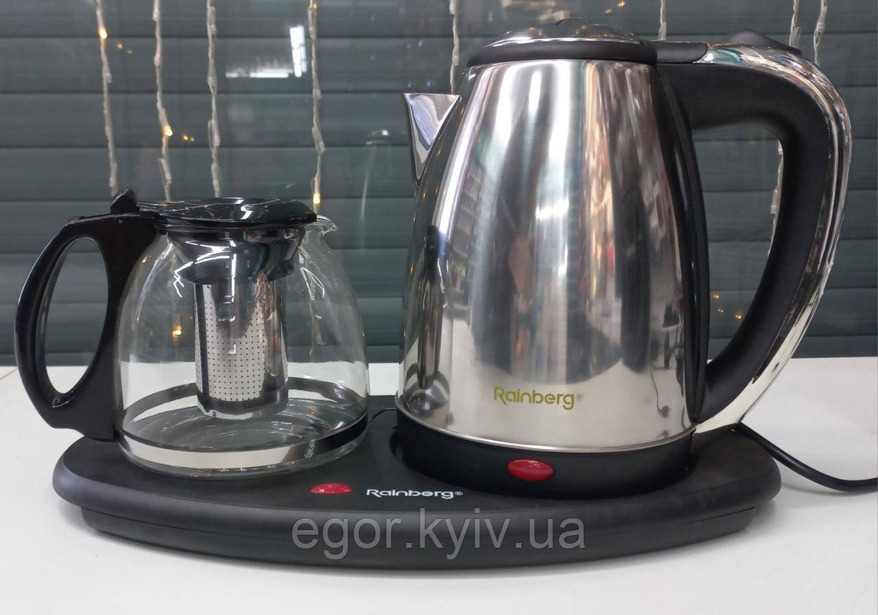 Комплект електрочайник із заварником на підставці з неіржавкої сталі Rainberg RB-2504, фото 1