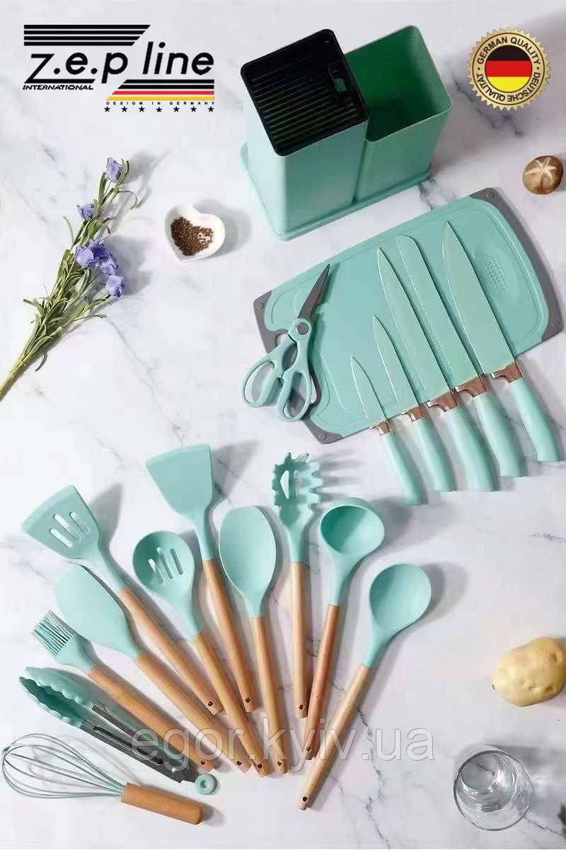 Набір кухонного приладдя + набір ножів Zepline ZP-107 19 предметів Бірюзовий, фото 1