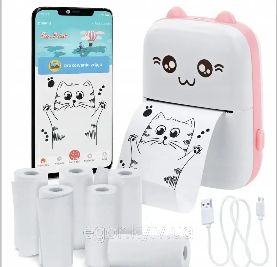 Портативний Рожевий міні принтер 1 рулон Mini Printer термопринтер кишеньковий дитячий принтер термо принтер, фото 1
