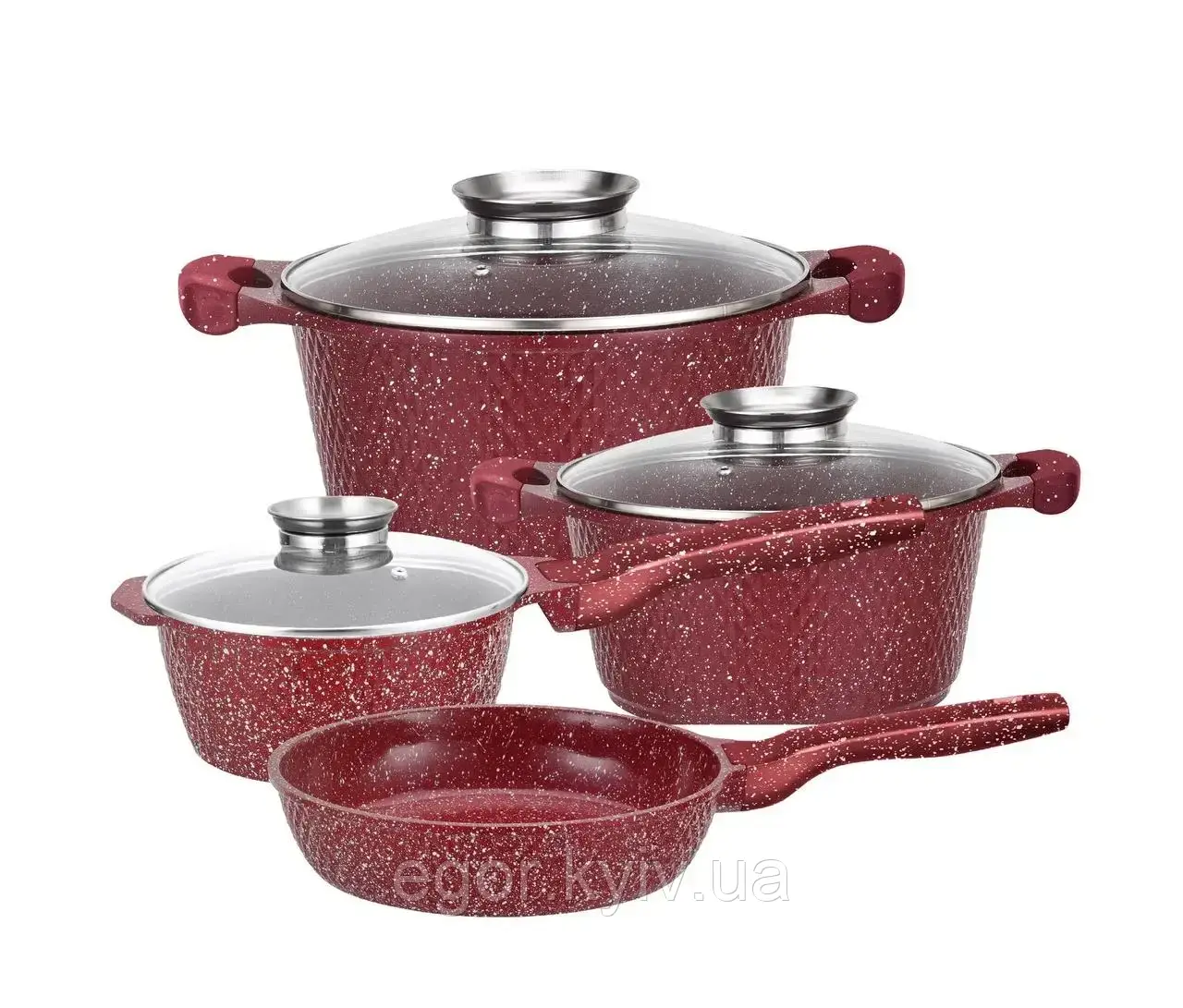 Набір каструль і сковорода з гранітним антипригарним покриттям Higher Kitchen HK-315 7 предметів КРАСНИЙ, фото 1