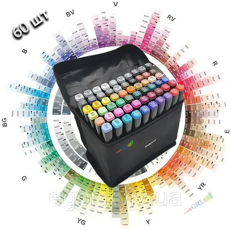 Набір скетч маркерів 60 шт Маркери двосторонні для скетчигу та малювання на водній основі, фото 1
