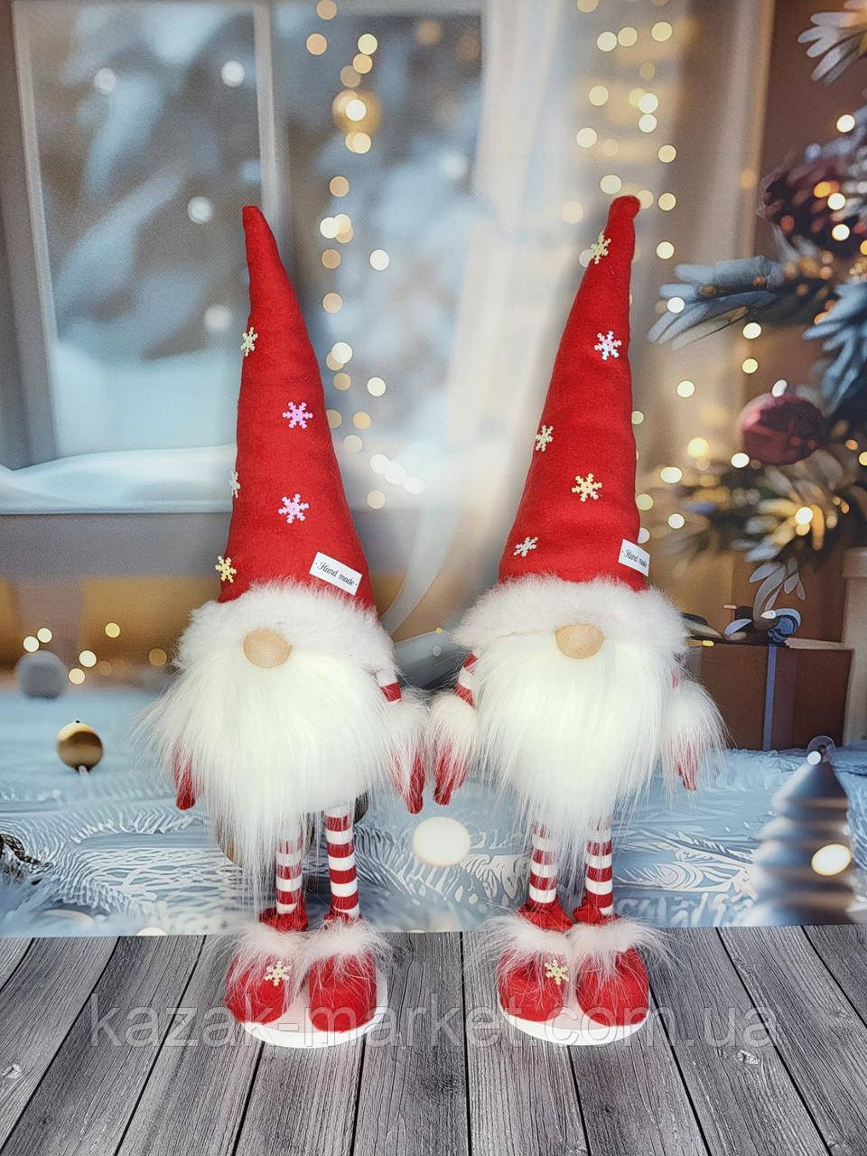 Новорічний ельф гном 55 см на довгих ніжках, Скандинавський декоративний гном пр-во Україна зі сніжинками в смужку, фото 1