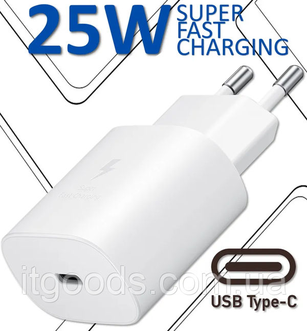 Адаптер Super Quick Charge 25W USB C для Samsung Galaxy S23 S22 S21ultra Note 20 A10 A12 A13 A14 A25 A55 EP-TA800 A53 A73 A52 A72, фото 1