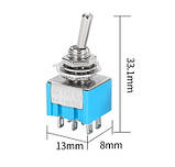 Перемикач тумблер живлення MTS203 250В 3А трипозиційний міні тумблер DPDT ONOFFON для Arduino DIY електроніка, фото 2