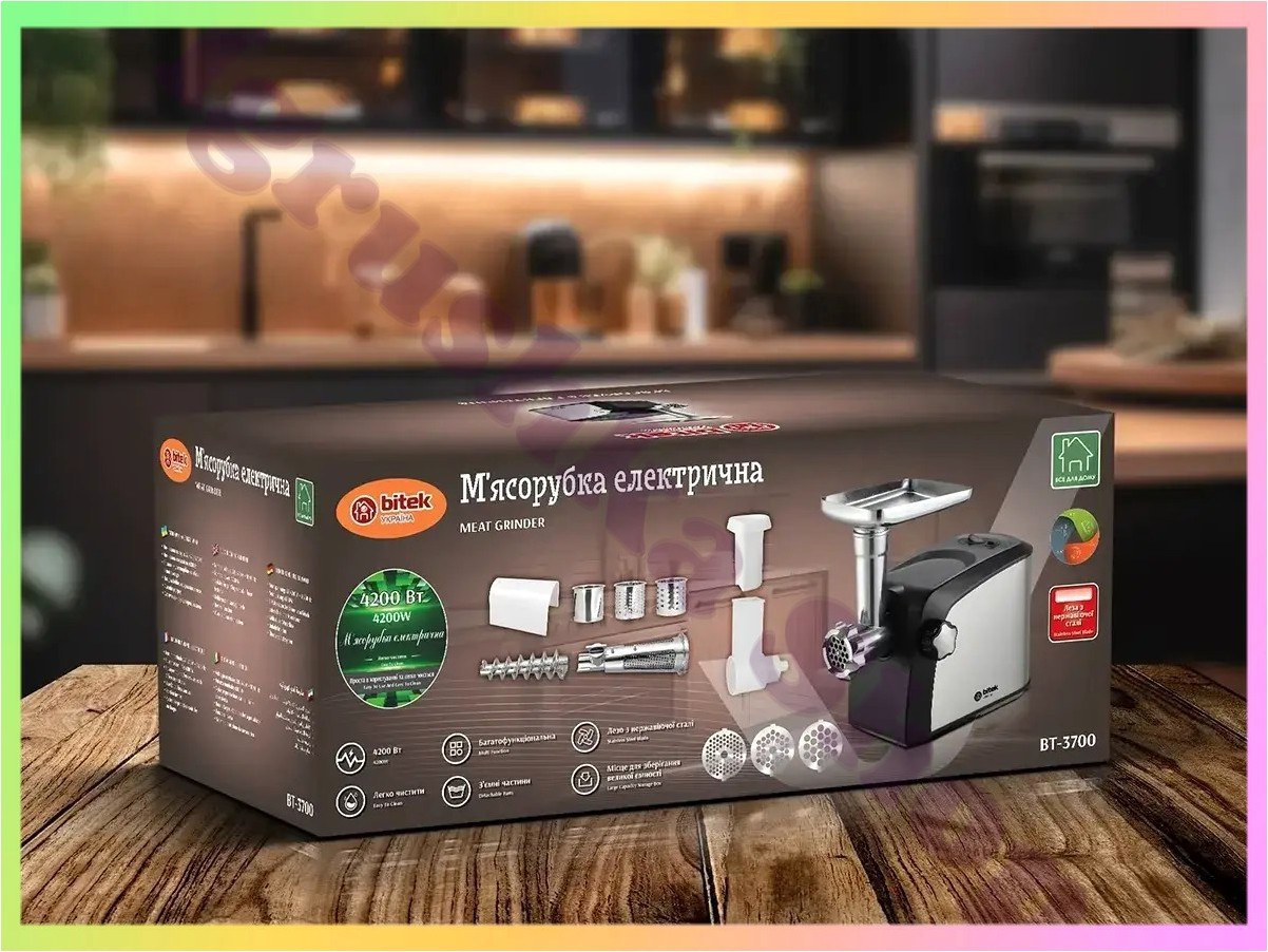 М'ясорубка електрична 4200 Вт насадки для ковбаси кеббе соковитискач овочерізка BITEK BT-3700, фото 1