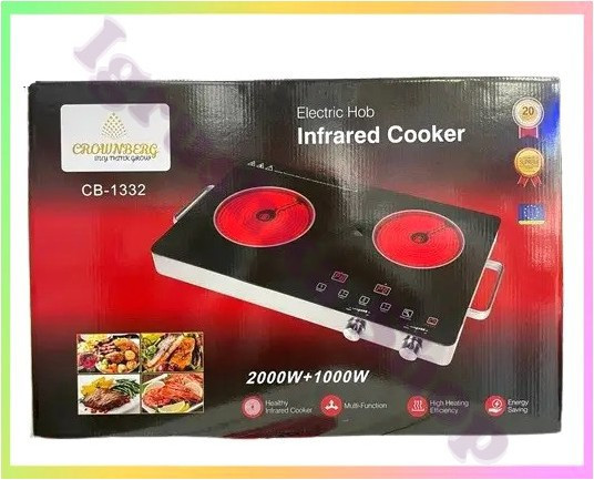 Багатофункціональна інфрачервона електрична плита Crownberg CB-1332 2 конфорки 2000 Вт склокерамічна портативна сенсорна, фото 1