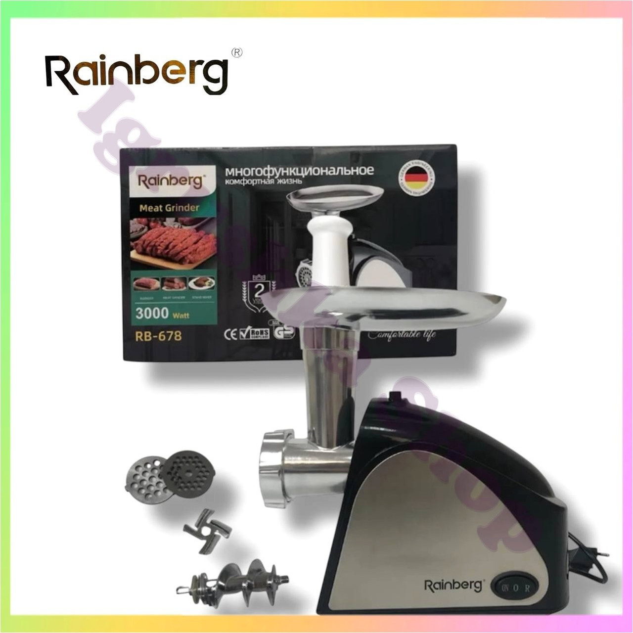 Електрична м'ясорубка шнекова Rainberg RB678 3000 Вт потужна компактна тиха для фаршу, фото 1